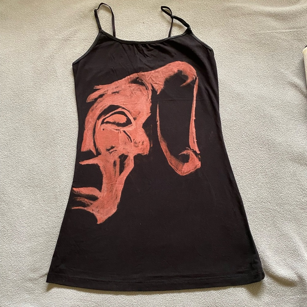 DYI Black and Brown Devil Tragedy Mask Graphic Tank Cami Top L OOAK
